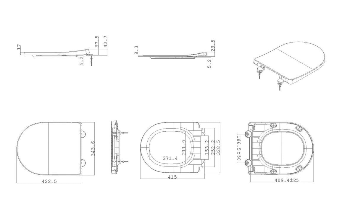 Toilet seat dimension diagram with measurements and mounting points.