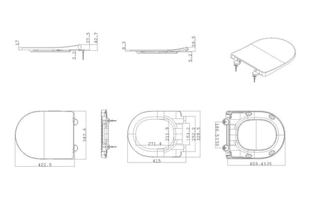 Toilet seat dimension diagram with measurements and mounting points.