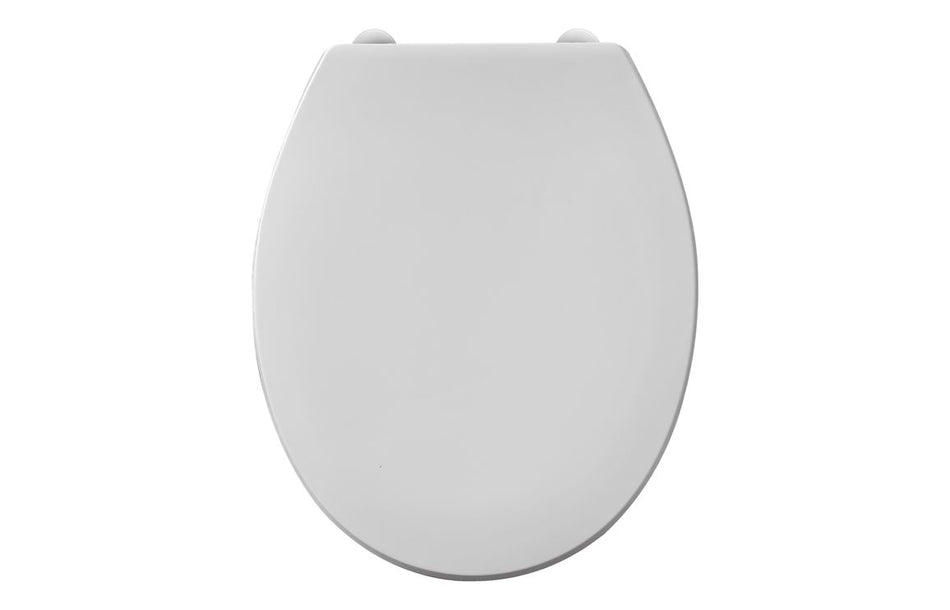 White toilet seat lid, top-front view with smooth rounded shape and hinge caps