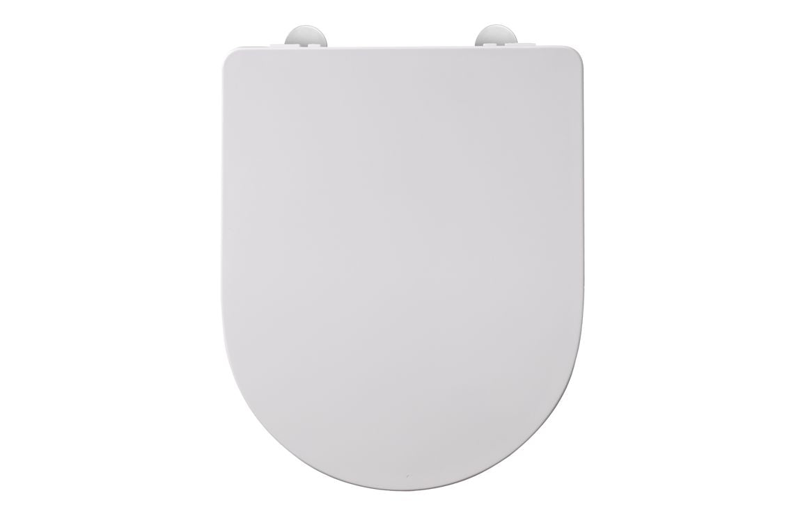 White slim soft-close toilet seat, front view with rounded lid.