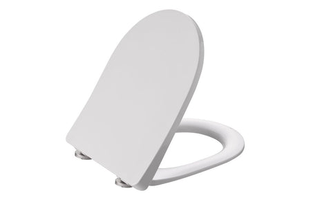 White slim soft-close toilet seat with hinged cover, shown from side view.