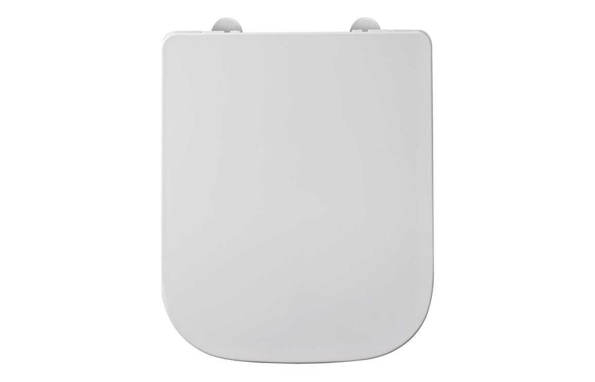 White square toilet seat with soft-close hinges, closed lid, top view