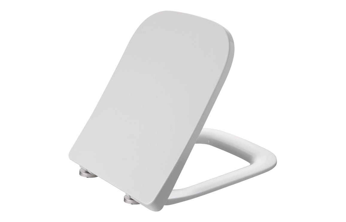 White square toilet seat with soft-close hinges, slim depth, open lid