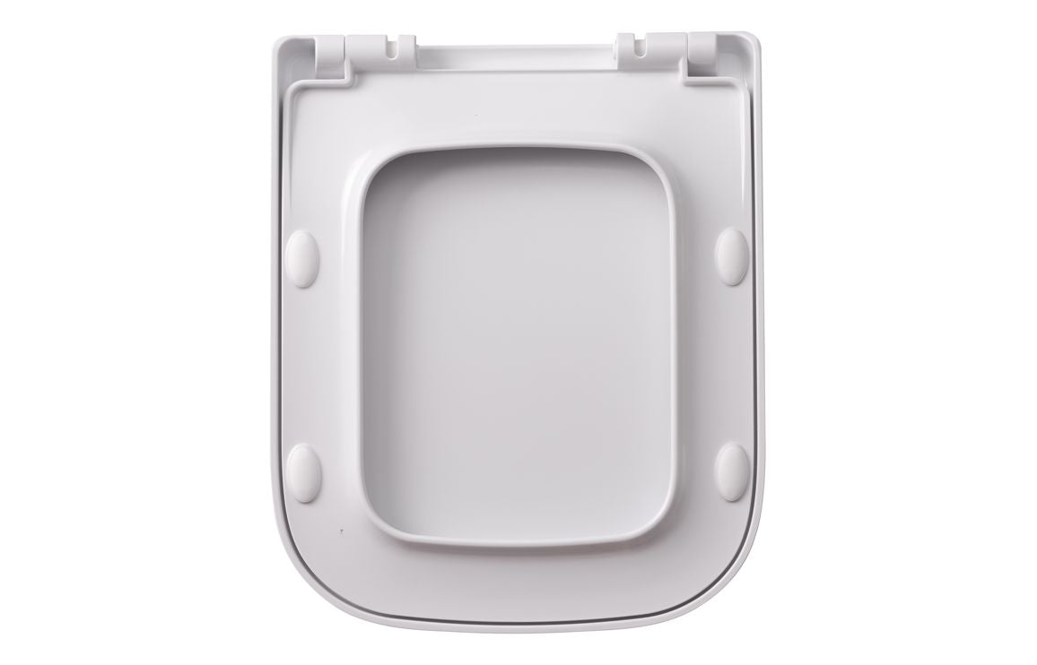 White square toilet seat underside with mounting tabs and hinge posts