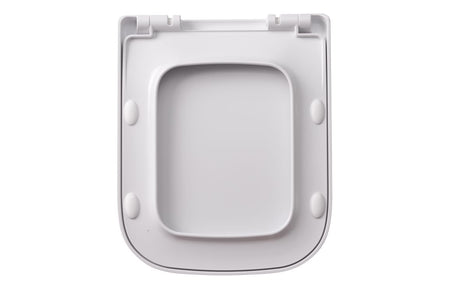 White square toilet seat underside with mounting tabs and hinge posts