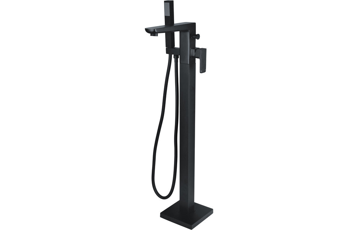 Matt black floor-standing bath/shower mixer with handheld shower and flexible hose