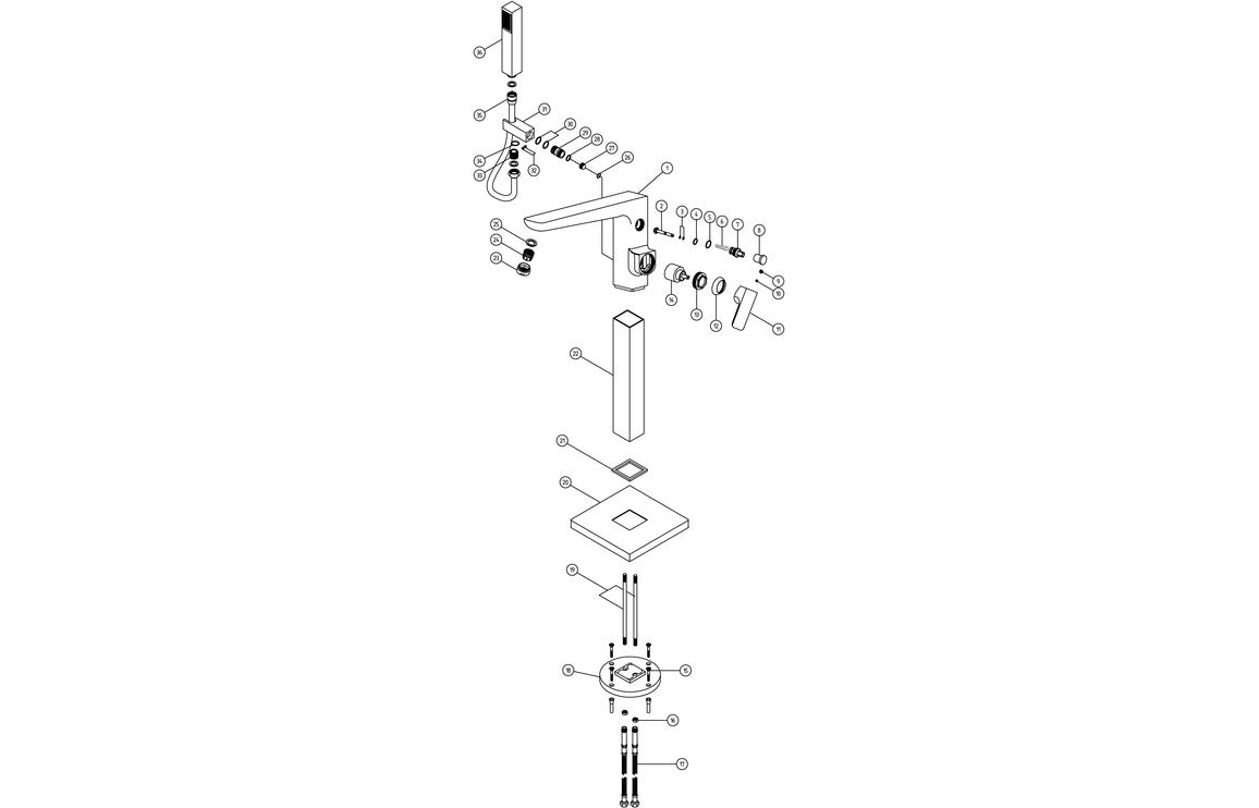 Exploded view of matt black floor-standing bath/shower mixer parts and fittings