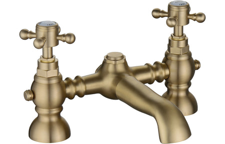 Brushed brass bath filler with two cross handles and central spout