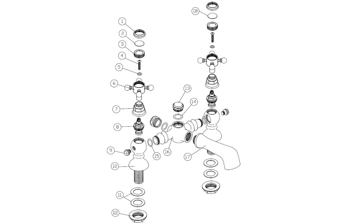 Brushed brass bath filler parts diagram with valves, seals, and handle components