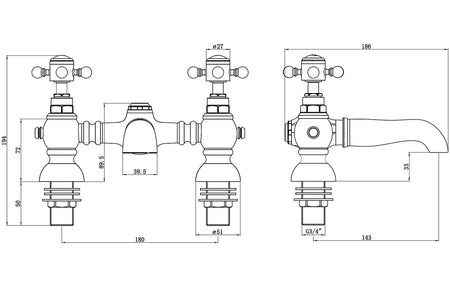 Brushed brass bath filler technical drawing with dimensions and cross-handle layout