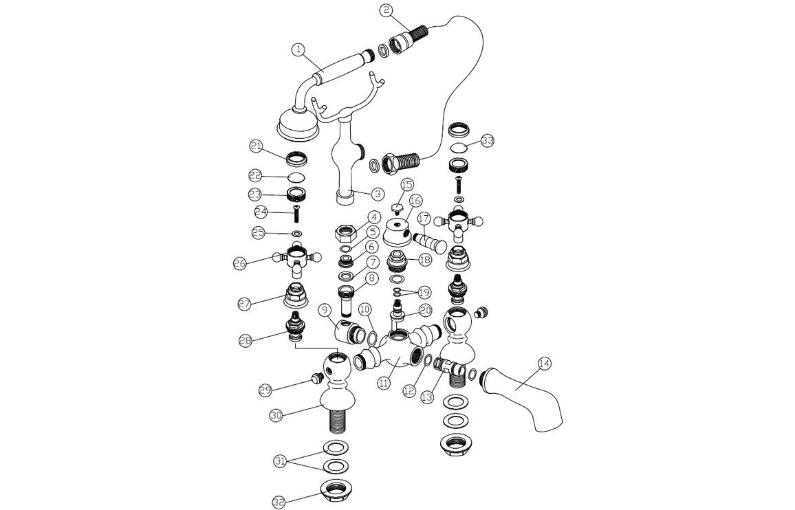 Brushed brass shower kit parts diagram with mixer, valves, and hose