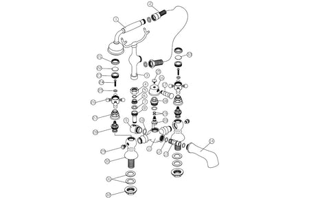 Brushed brass shower kit parts diagram with mixer, valves, and hose