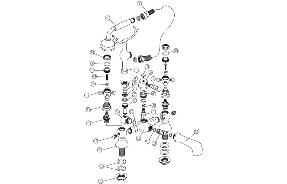 Brushed brass shower kit parts diagram with mixer, valves, and hose