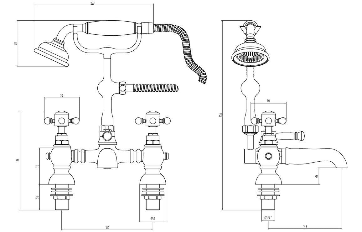 Brushed brass bath shower mixer technical line drawing with shower connection