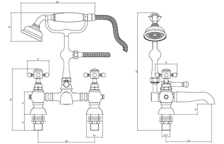 Brushed brass bath shower mixer technical line drawing with shower connection