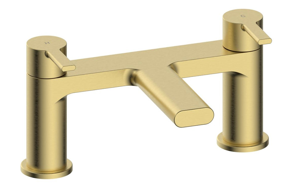 Avola brushed brass bath filler faucet with two lever handles and curved spout