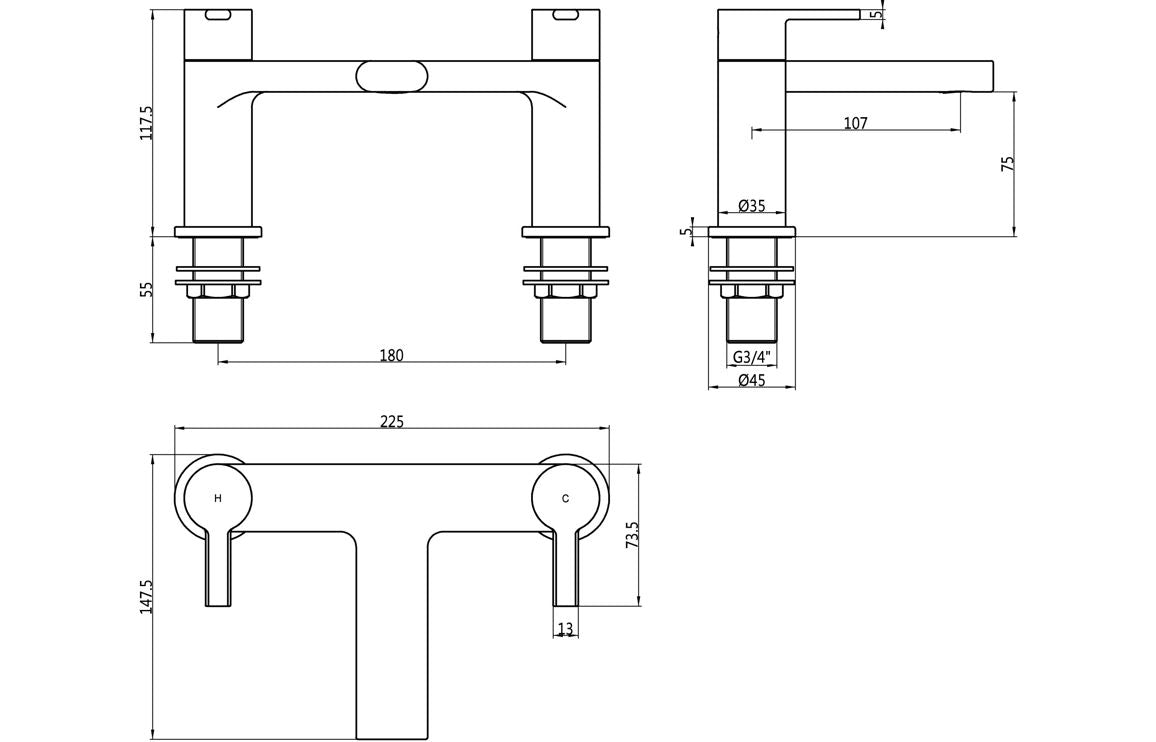 Avola bath filler faucet line drawing with dimensions and G3/4 connection