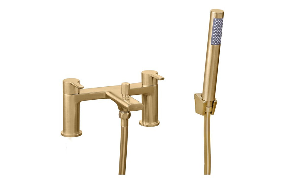 Brushed brass bath and shower mixer with handheld shower and wall-mounted controls