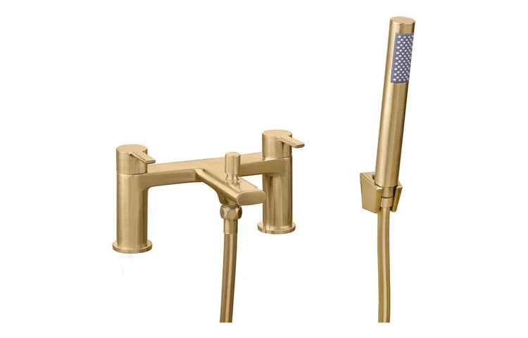 Brushed brass bath and shower mixer with handheld shower and hose