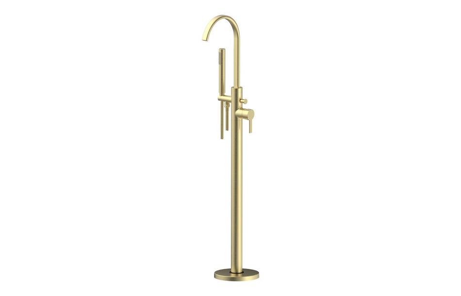 Brushed brass floor-standing bath and shower mixer with tall spout and handles