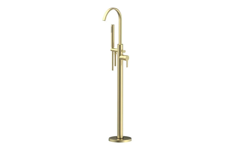 Brushed brass floor-standing bath shower mixer with arched spout and side controls