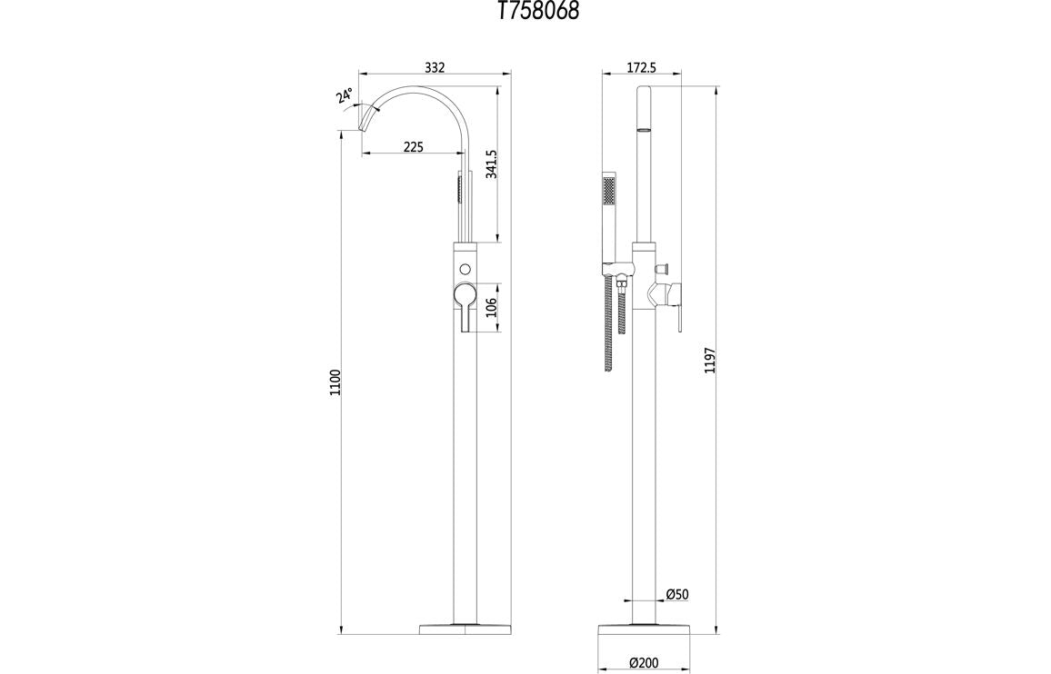 Line drawing of brushed brass floor-standing bath and shower mixer with dimensions
