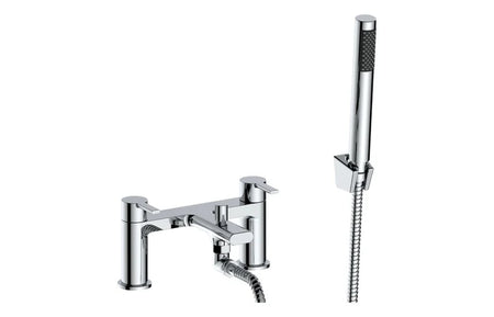 Chrome bath and shower mixer with handheld shower and coiled hose