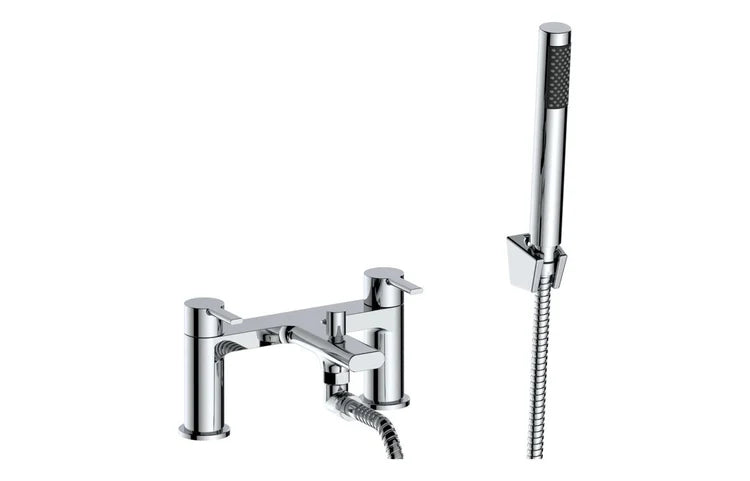 Chrome bath and shower mixer with handheld shower and coiled hose