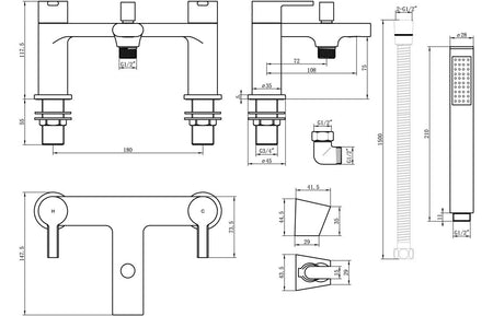 Bath/shower mixer technical line drawing with dimensions and hose connection
