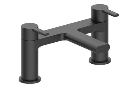 Matte black deck-mounted bath filler with lever handle, spout, and two side taps