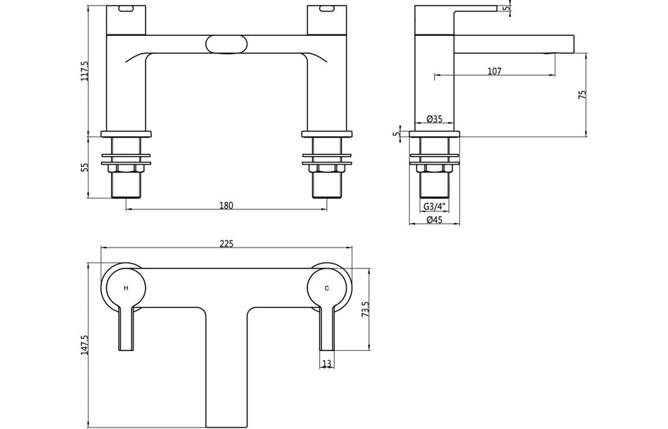 Bath filler faucet technical diagram showing dimensions and G3/4 connection
