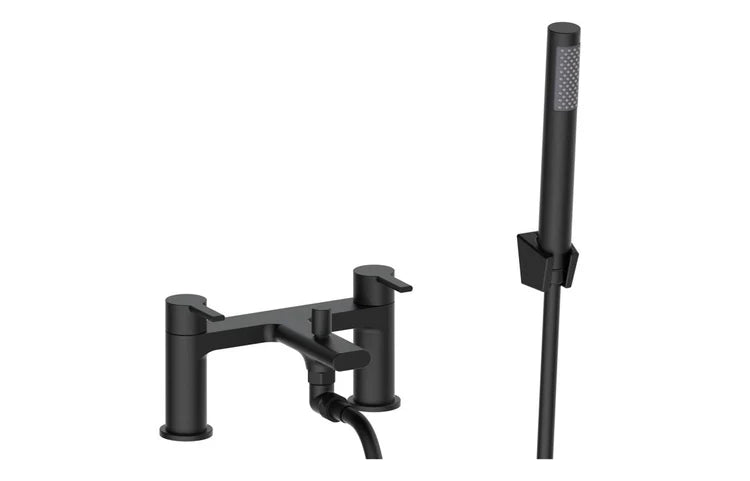 Matt black bath and shower mixer with handheld shower and flexible hose