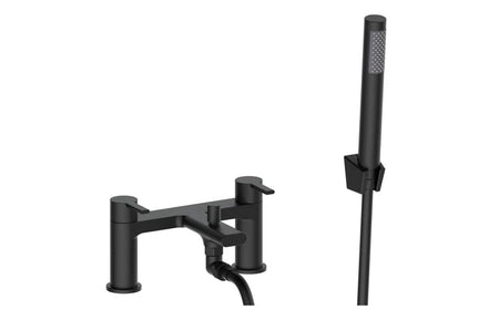 Matt black bath and shower mixer with handheld shower and flexible hose