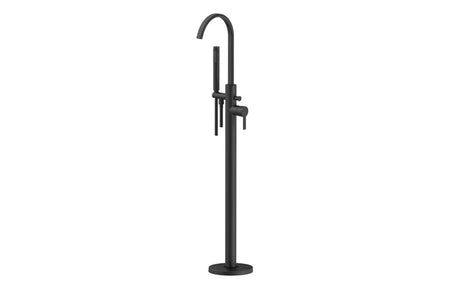 Black floor-standing bath shower mixer with arched spout and side controls