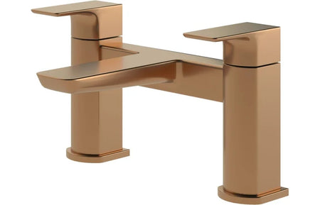 Brushed bronze deck-mount bath filler with two taps and angled single spout