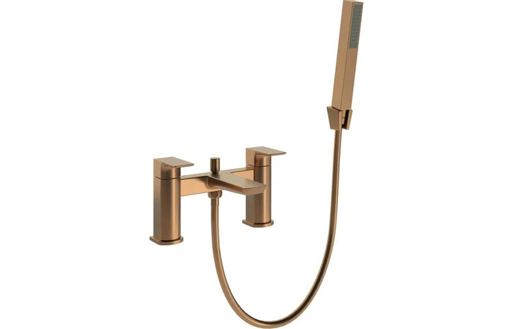 Brushed bronze bath and shower mixer with cross handles and handheld shower head