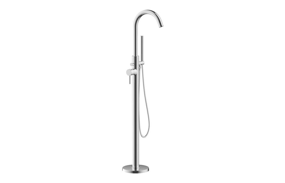 Chrome floor-standing bath/shower mixer with handheld shower