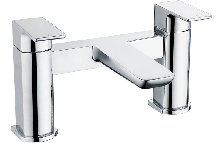 Chrome deck-mount bath filler with two taps and curved single spout