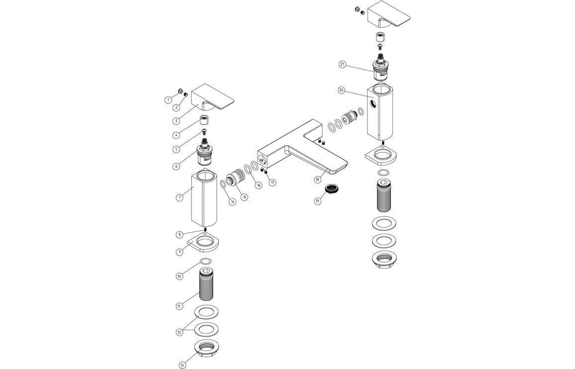 Exploded view diagram of chrome bath filler faucet parts and fittings