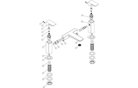 Exploded view diagram of chrome bath filler faucet parts and fittings