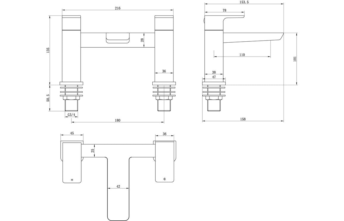 Technical dimension drawing for chrome bath filler faucet with measurements
