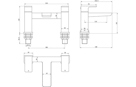 Technical dimension drawing for chrome bath filler faucet with measurements