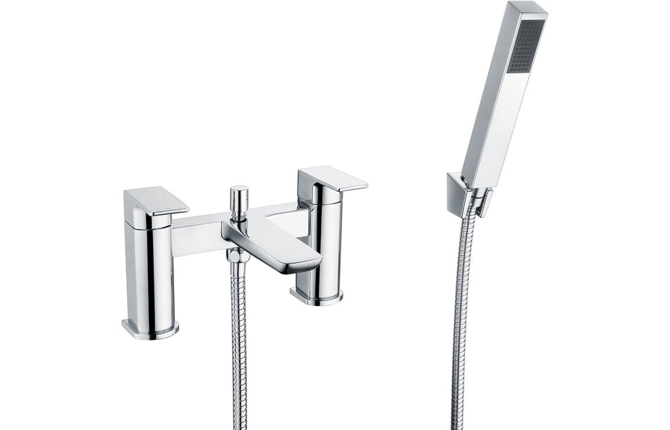 Chrome shower mixer with handheld shower and flexible hose, wall-mounted