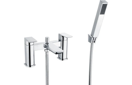 Chrome bath and shower mixer with handheld shower head and flexible hose