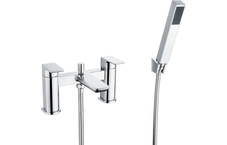 Chrome bath and shower mixer with handheld shower head and flexible hose