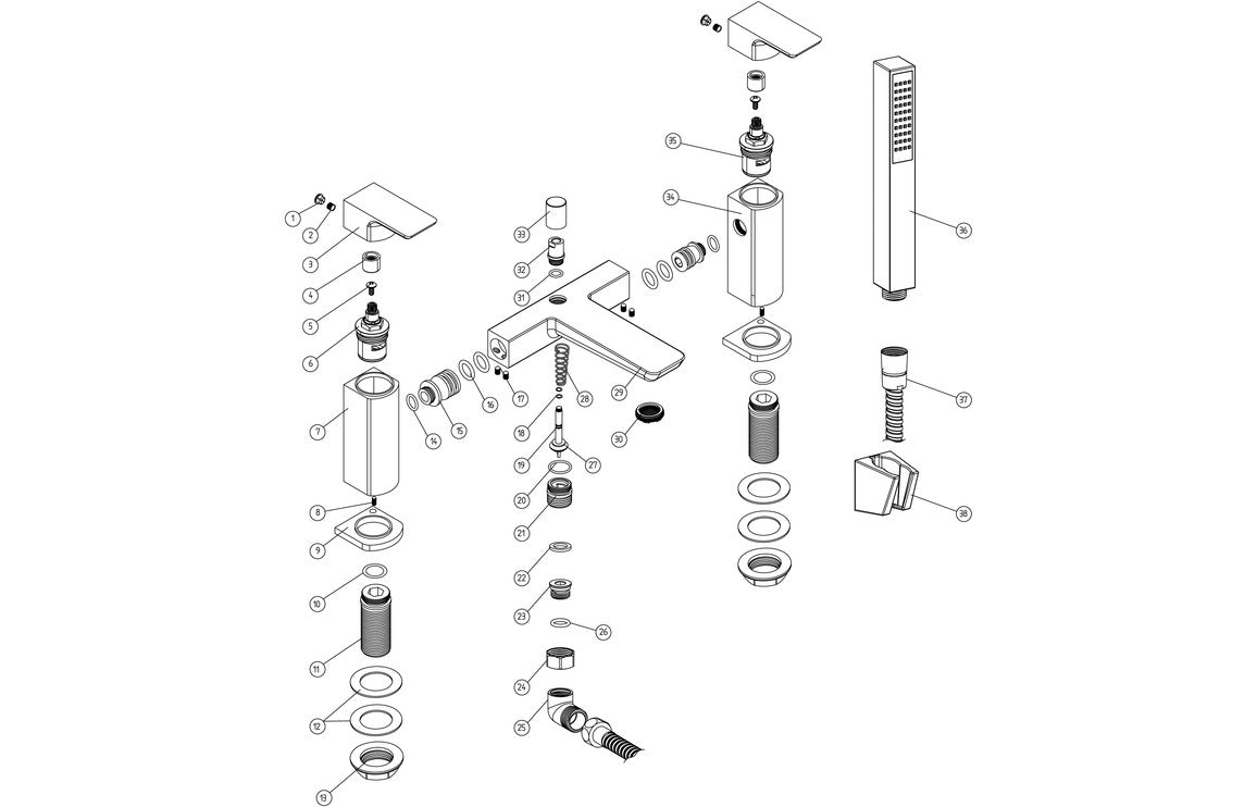 Chrome shower mixer parts diagram with handheld, hoses, and mounting components