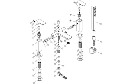 Chrome shower mixer parts diagram with handheld, hoses, and mounting components