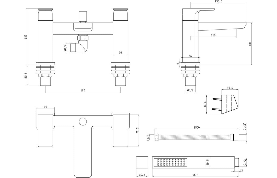 Chrome shower mixer technical line drawing with dimensions and valve parts