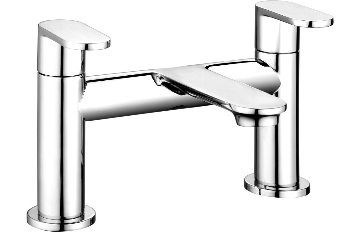 Chrome bath filler tap with two handles and curved spout