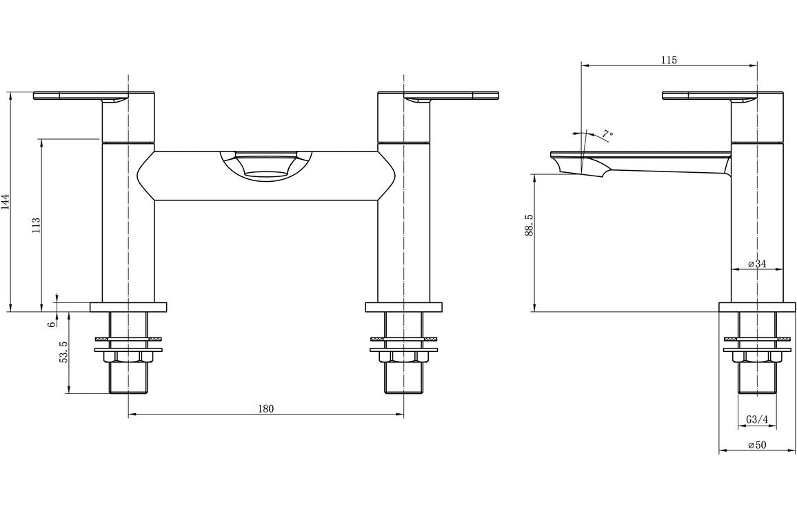 Chrome bath filler technical line drawing with dimensions